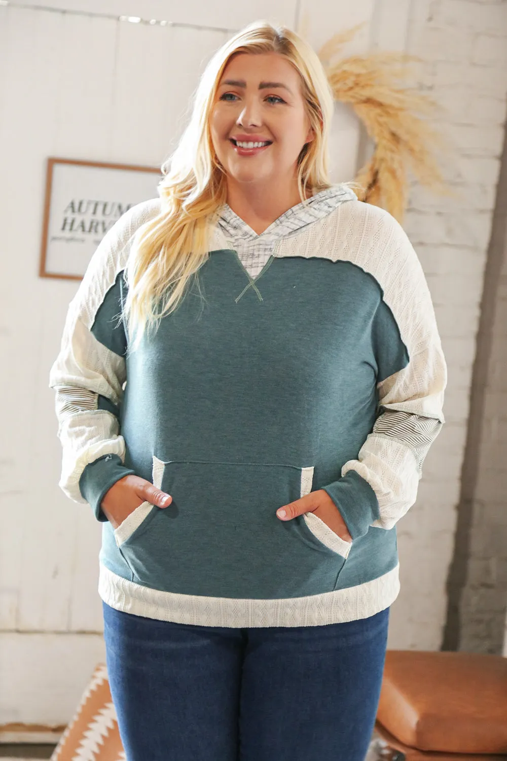 Hunter Green Two-Tone Slub Triangle Cable Sweater Hoodie