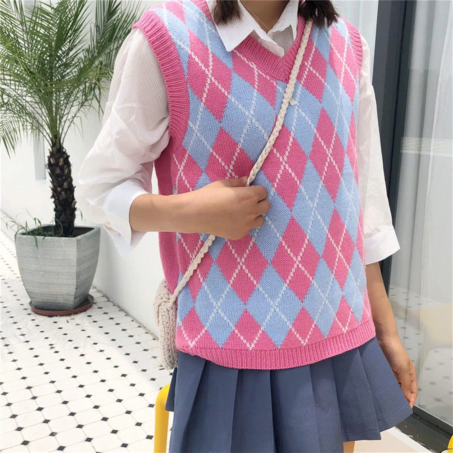 Hyipels Sweater Vest Women,Sleeveless V Neck Argyle Plaid Long Preppy Loose Knitted Casual School Sweaters Tank Top