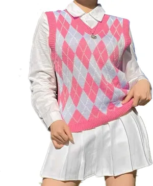 Hyipels Sweater Vest Women,Sleeveless V Neck Argyle Plaid Long Preppy Loose Knitted Casual School Sweaters Tank Top