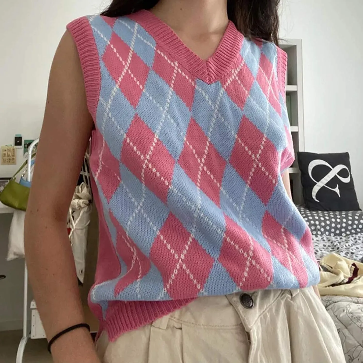 Hyipels Sweater Vest Women,Sleeveless V Neck Argyle Plaid Long Preppy Loose Knitted Casual School Sweaters Tank Top