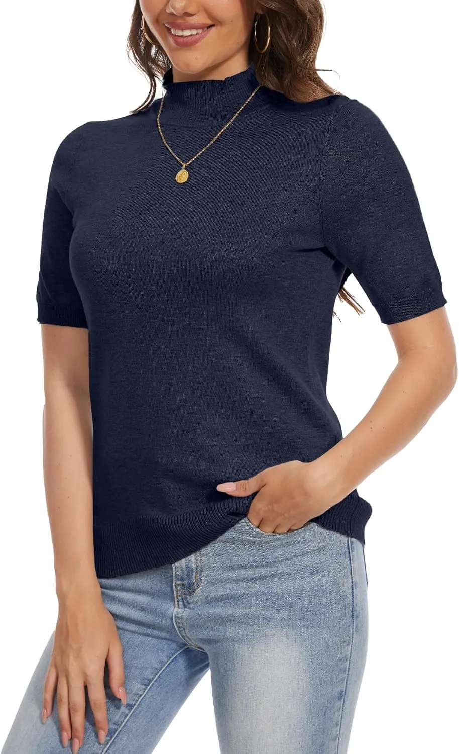 INKOFF Women's Short Sleeve Mock Neck Sweater Top Turtleneck Dressy Pullover Knit Shirt