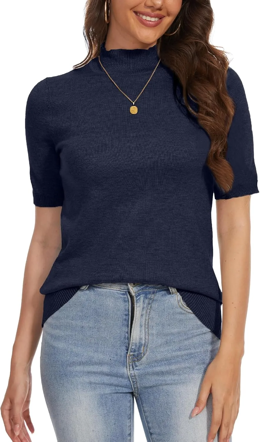 INKOFF Women's Short Sleeve Mock Neck Sweater Top Turtleneck Dressy Pullover Knit Shirt