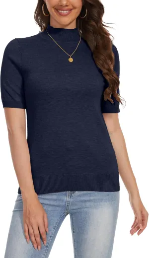 INKOFF Women's Short Sleeve Mock Neck Sweater Top Turtleneck Dressy Pullover Knit Shirt