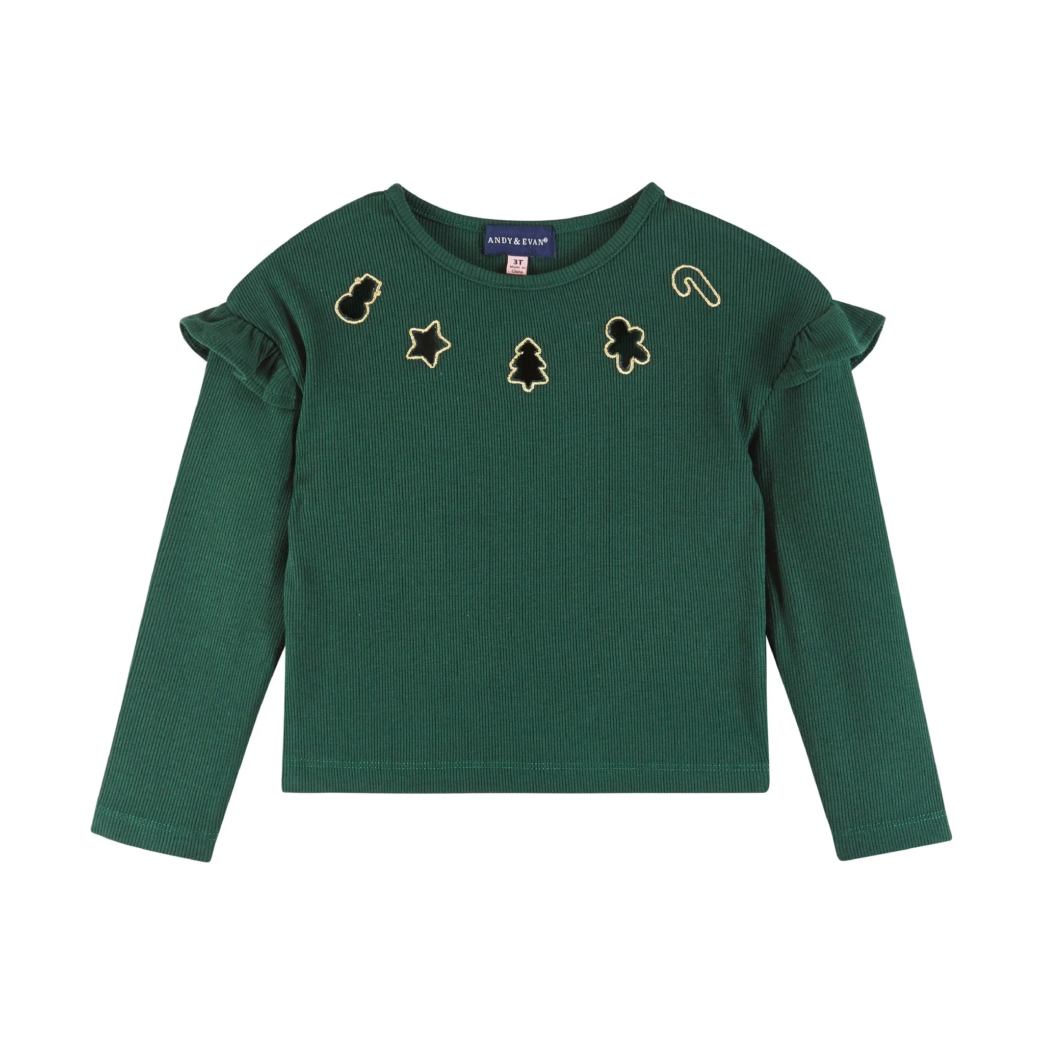 Kids Dark Green Rib Knit Tee & Skirt Set | Gold Holiday Details
