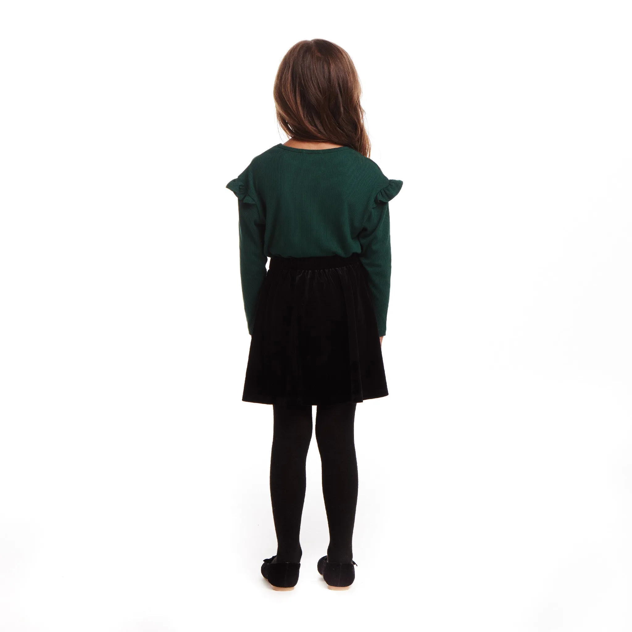 Kids Dark Green Rib Knit Tee & Skirt Set | Gold Holiday Details