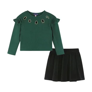 Kids Dark Green Rib Knit Tee & Skirt Set | Gold Holiday Details