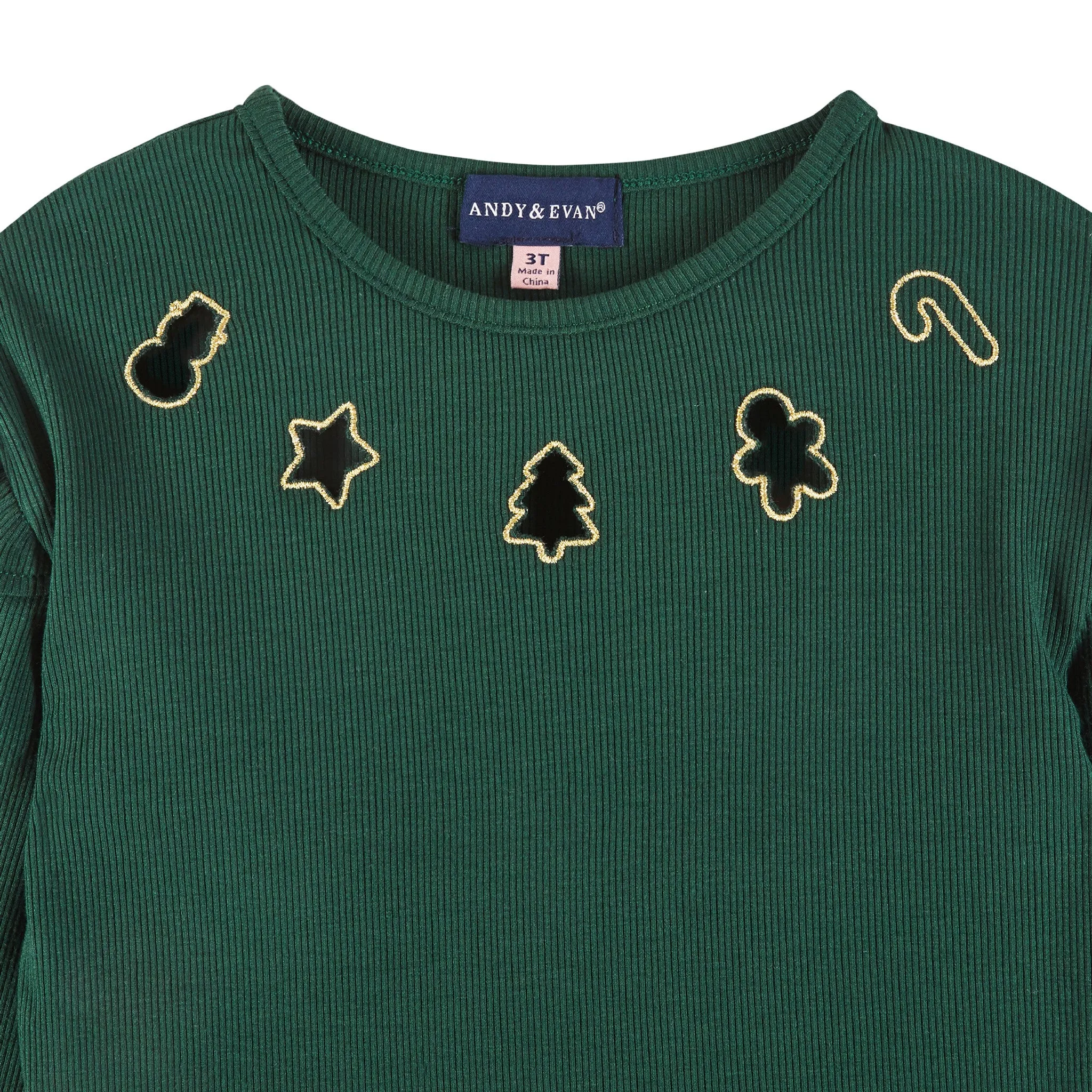 Kids Dark Green Rib Knit Tee & Skirt Set | Gold Holiday Details