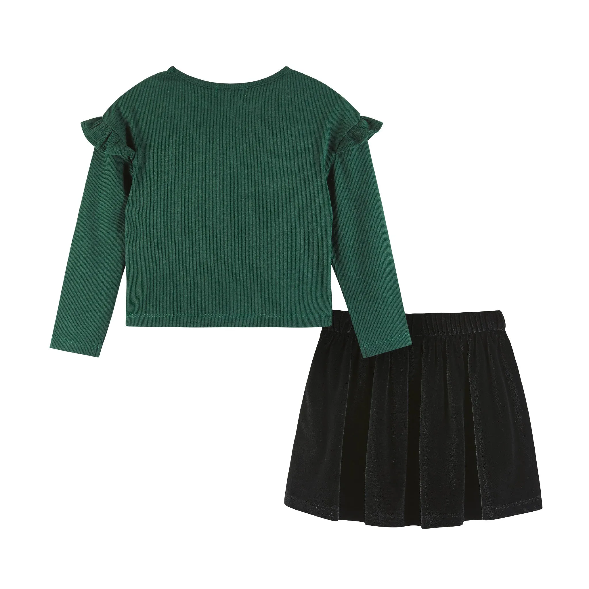 Kids Dark Green Rib Knit Tee & Skirt Set | Gold Holiday Details