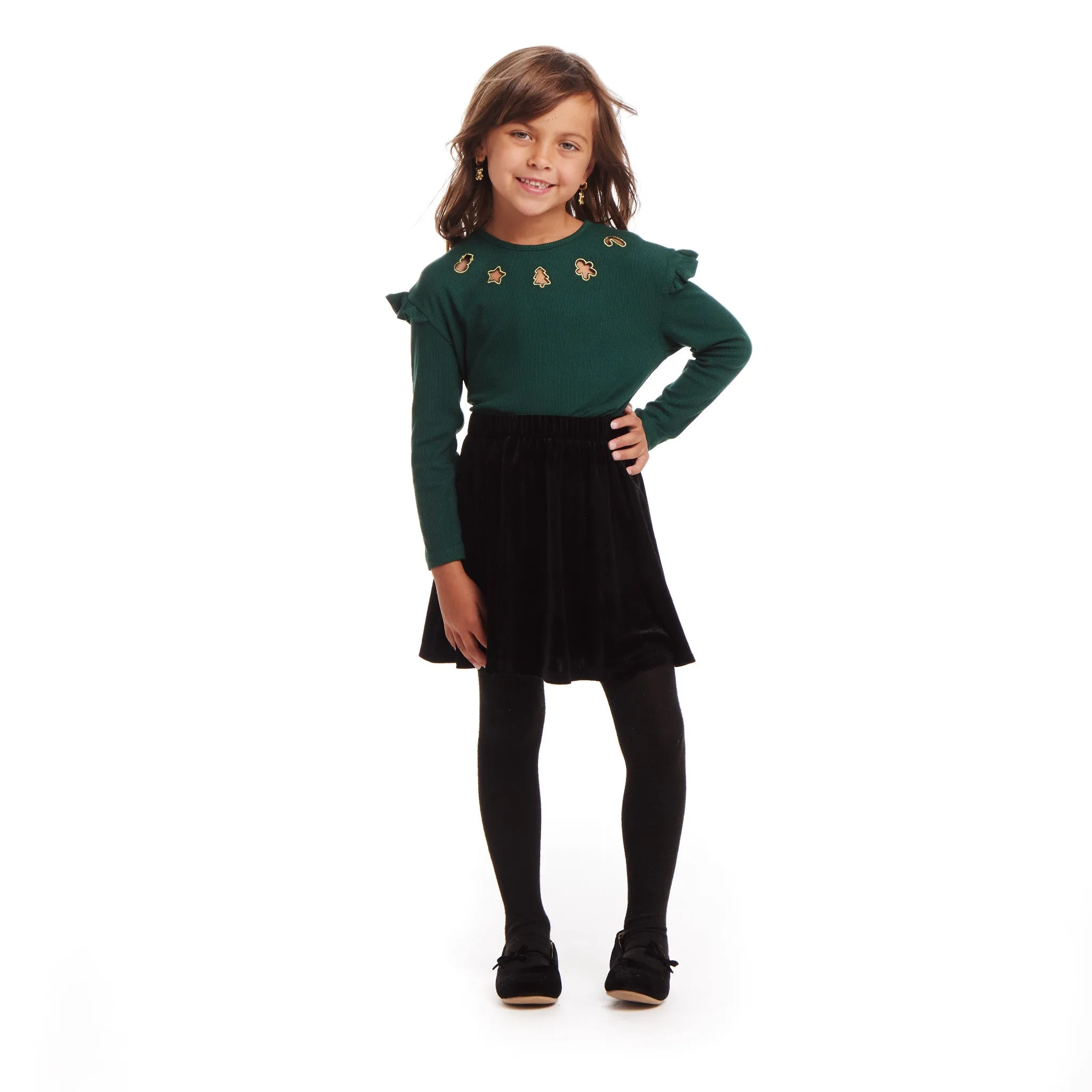Kids Dark Green Rib Knit Tee & Skirt Set | Gold Holiday Details