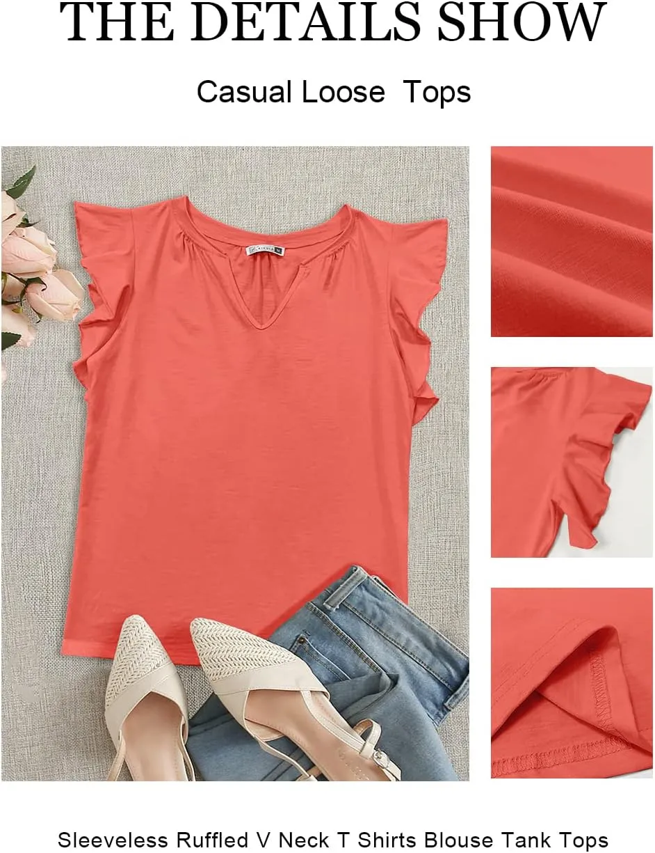 Kikula Womens Summer Tops Cute Trendy Ruffle Cap Sleeve T Shirts V Neck Tops Dressy Casual