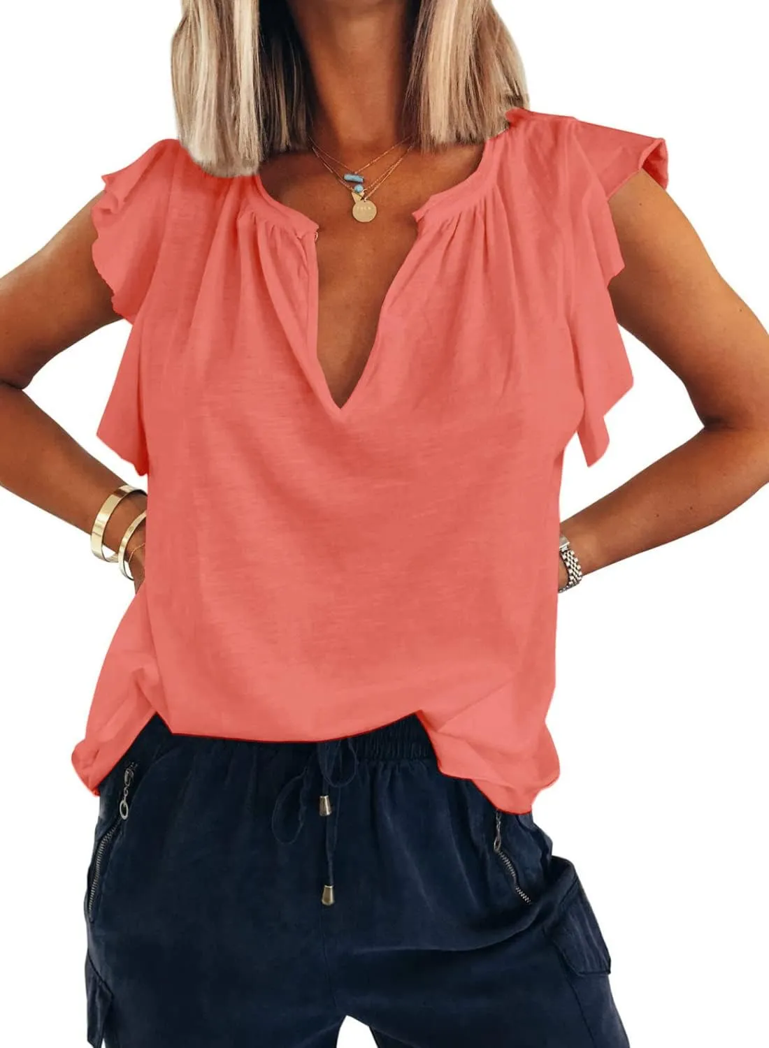 Kikula Womens Summer Tops Cute Trendy Ruffle Cap Sleeve T Shirts V Neck Tops Dressy Casual