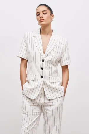 Linen Tailored Short Sleeve Blazer - Cream/Black