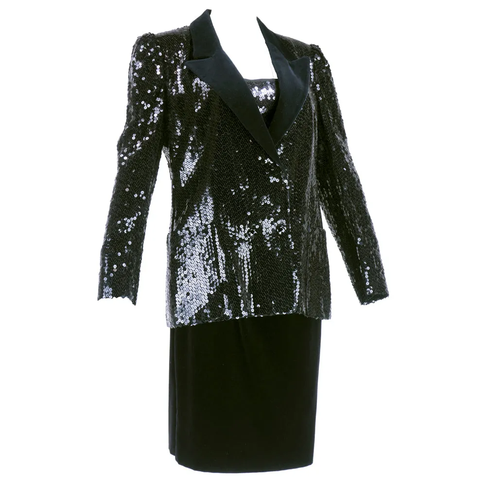 Louis Feraud 90s Velvet Sequin Tuxedo Skirt Suit