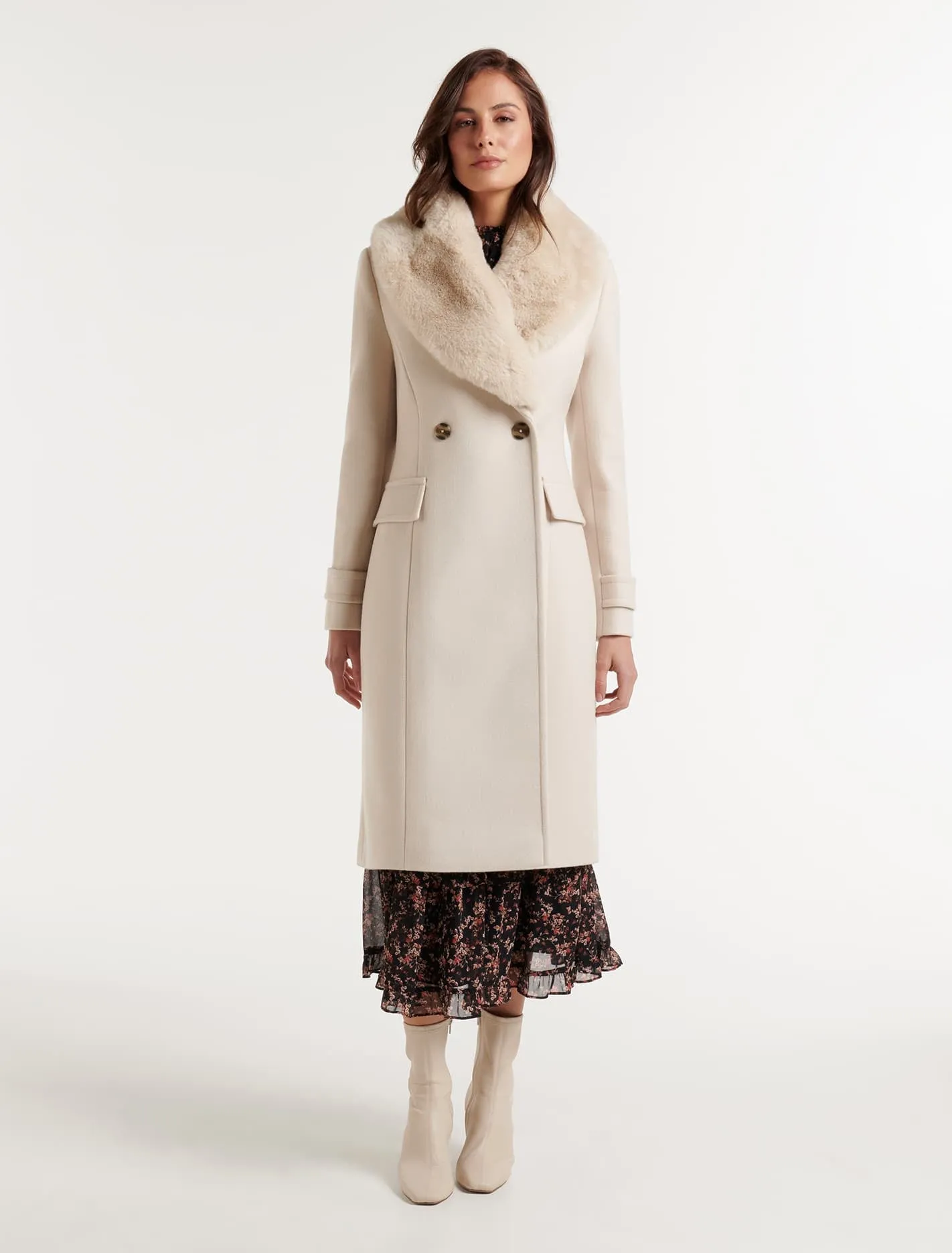 Lucy Faux Fur Collar Crombie Coat