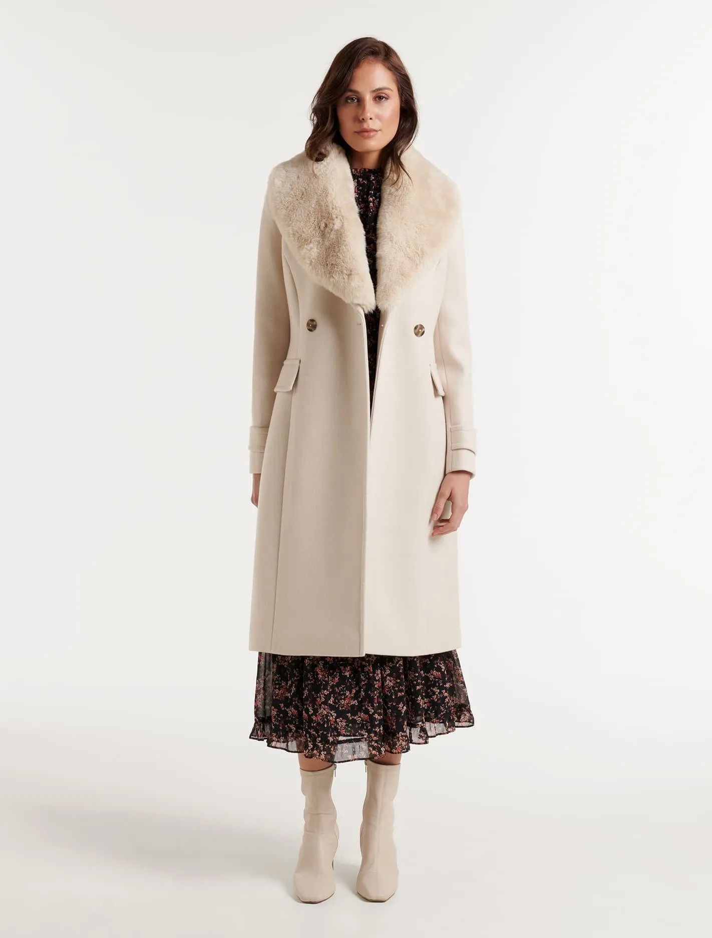 Lucy Faux Fur Collar Crombie Coat