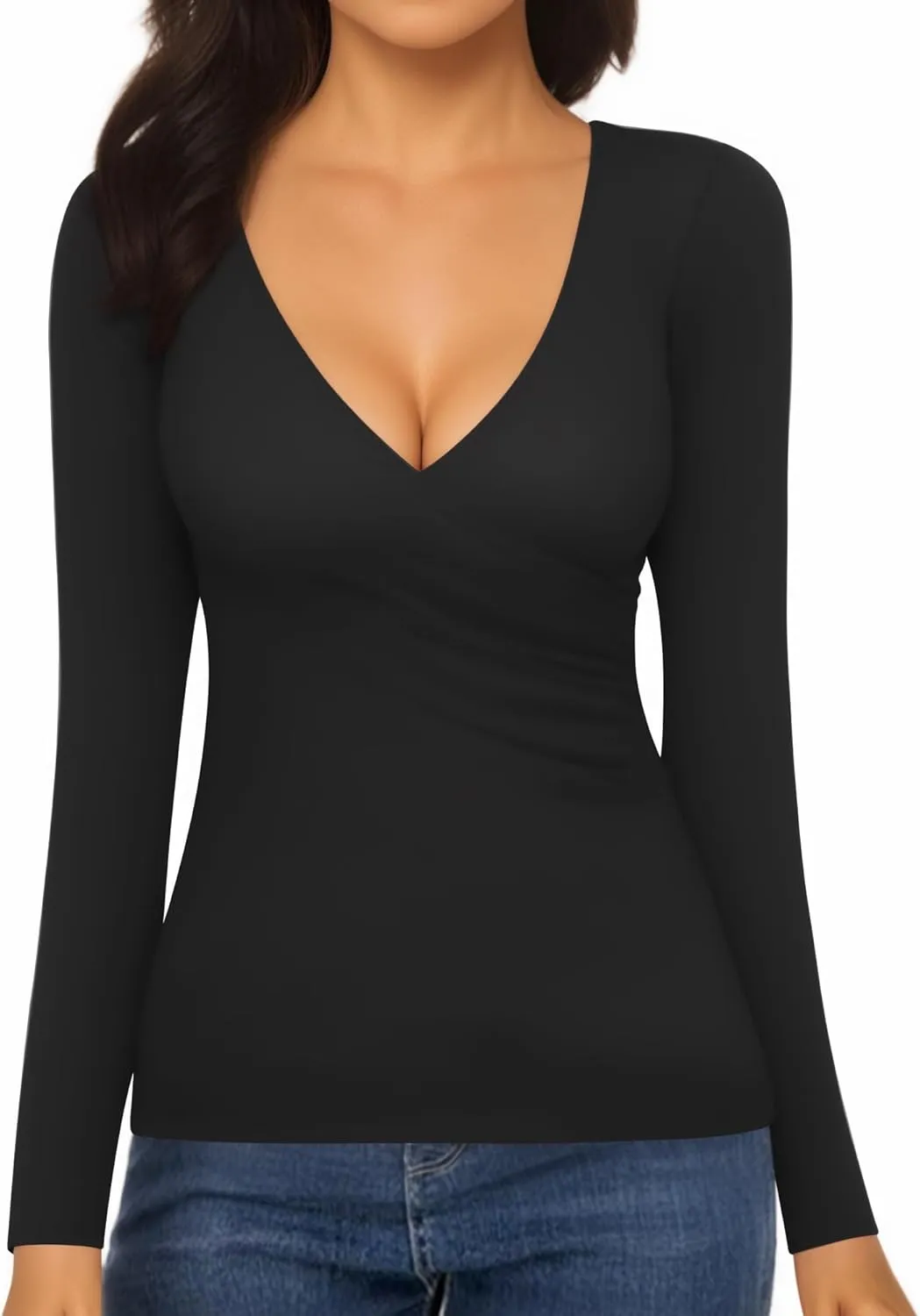 MANGOPOP Women's Cross Wrap Ruched Plunge Sexy Deep V Neck Slim Fit Long Sleeve Fleece Lined T Shirt Tunic Tops Tee