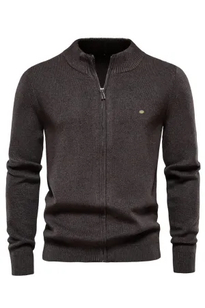 Men Casual Zipper Closure Solid Pattern Comfy Long Sleeve Knitted Style Warm Cardigan - MC114032