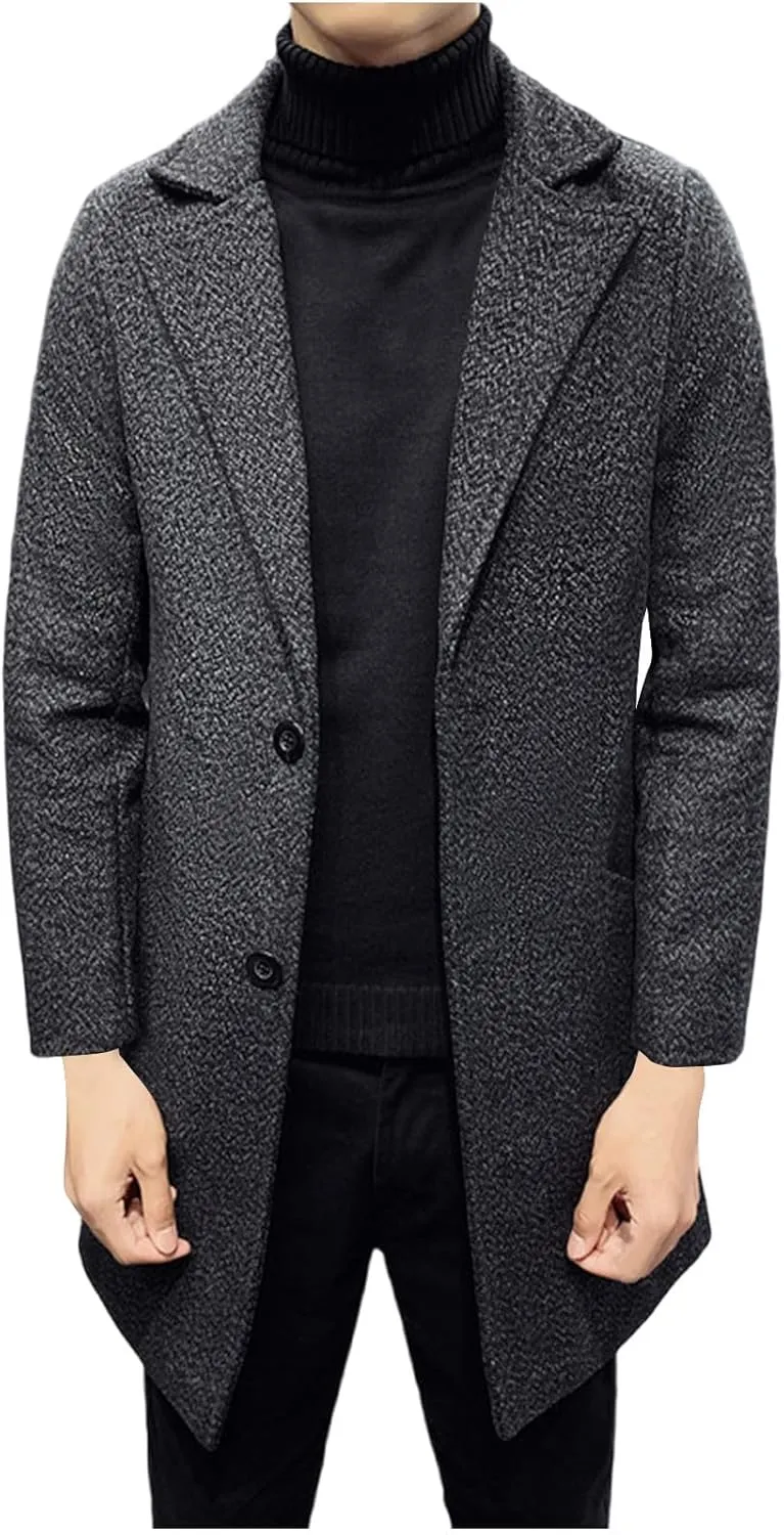 Mens Wool Blend Trench Coat Classic Notched Lapel Winter Warm Business Overcoat Single Breasted Medium Pea Coats