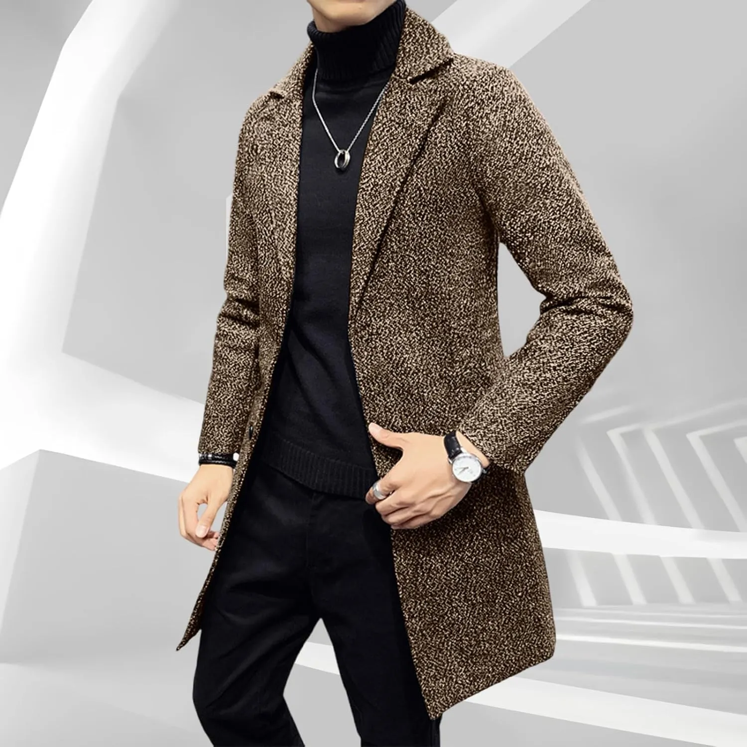 Mens Wool Blend Trench Coat Classic Notched Lapel Winter Warm Business Overcoat Single Breasted Medium Pea Coats