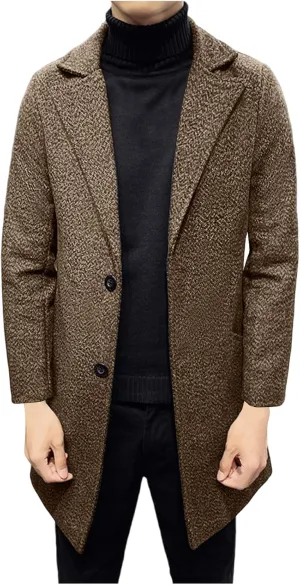 Mens Wool Blend Trench Coat Classic Notched Lapel Winter Warm Business Overcoat Single Breasted Medium Pea Coats