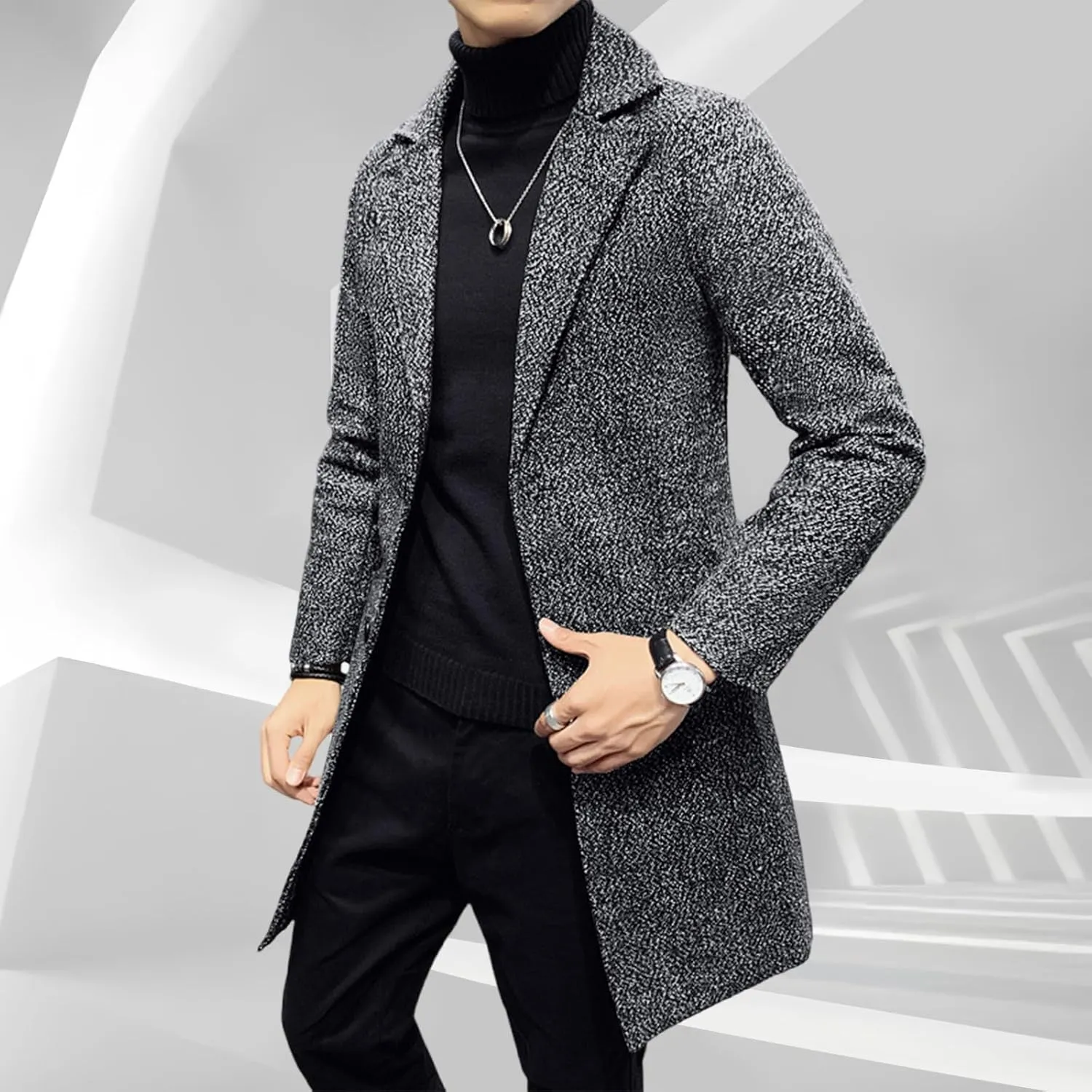 Mens Wool Blend Trench Coat Classic Notched Lapel Winter Warm Business Overcoat Single Breasted Medium Pea Coats