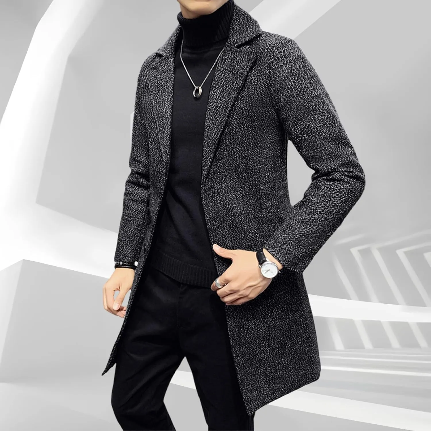 Mens Wool Blend Trench Coat Classic Notched Lapel Winter Warm Business Overcoat Single Breasted Medium Pea Coats