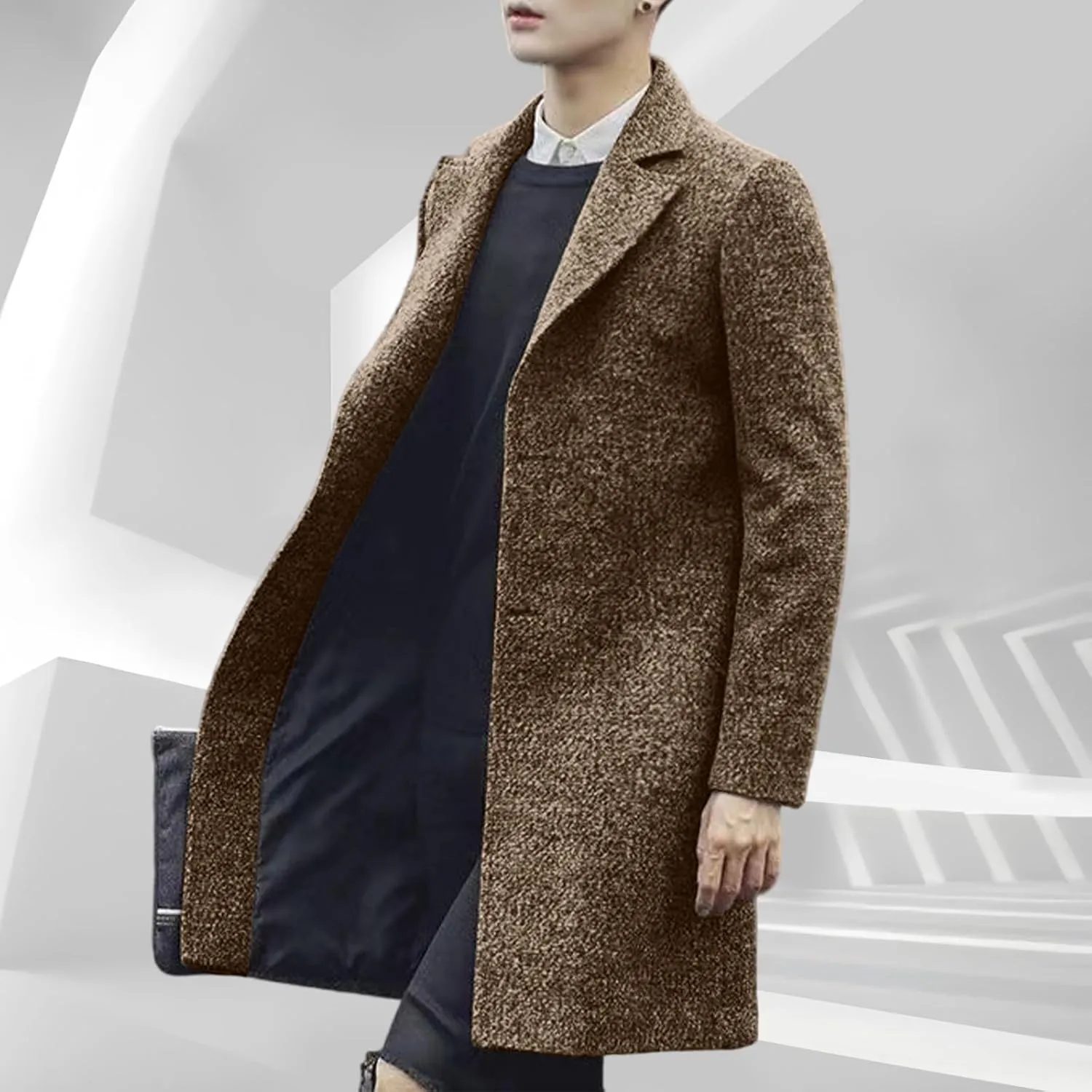 Mens Wool Blend Trench Coat Classic Notched Lapel Winter Warm Business Overcoat Single Breasted Medium Pea Coats