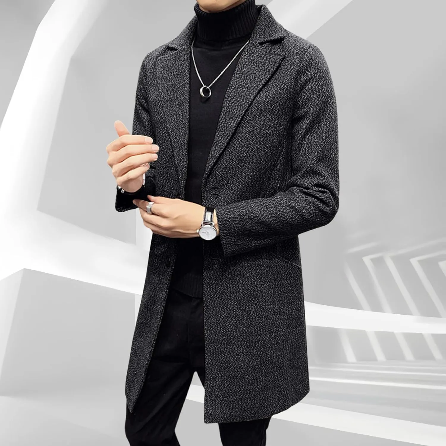Mens Wool Blend Trench Coat Classic Notched Lapel Winter Warm Business Overcoat Single Breasted Medium Pea Coats