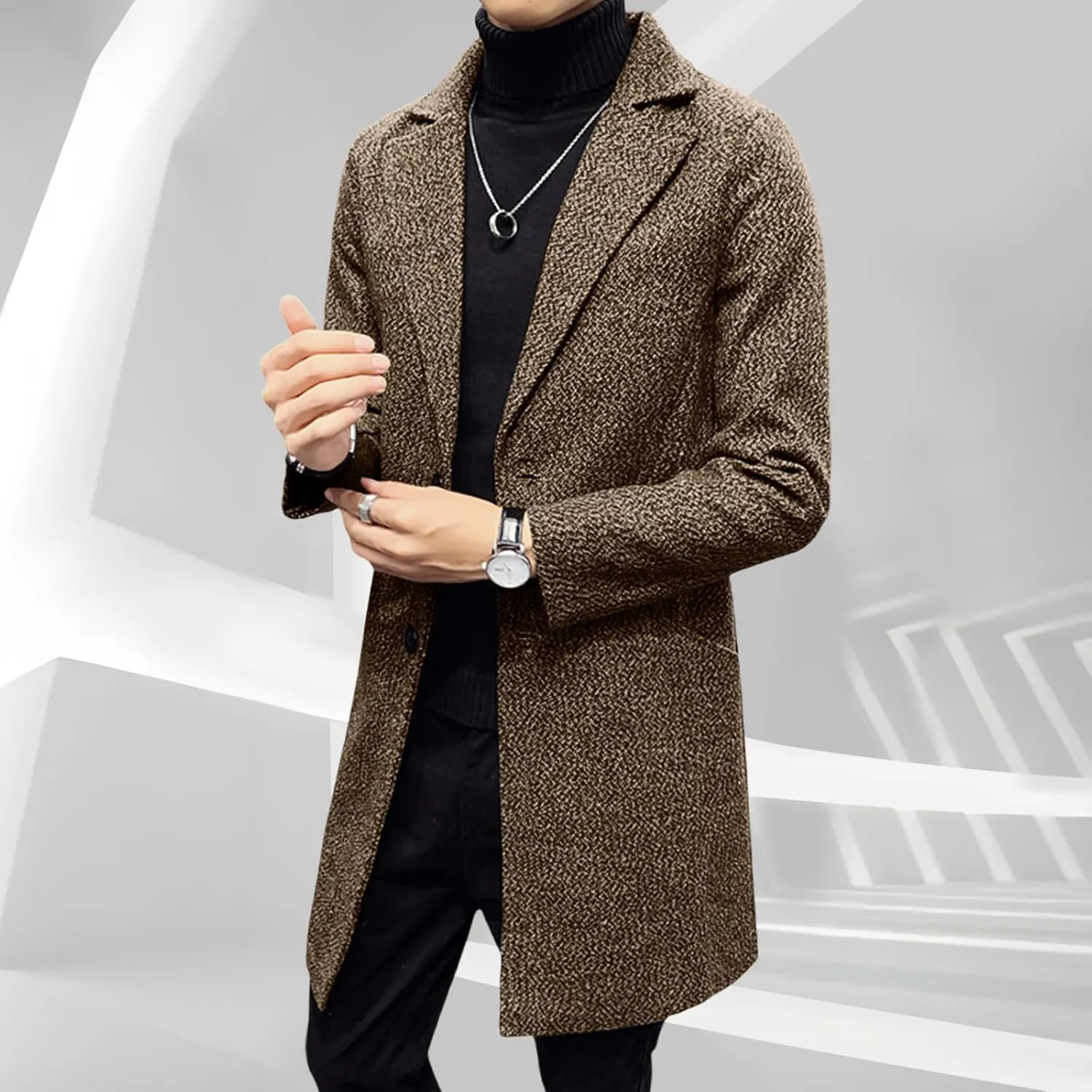 Mens Wool Blend Trench Coat Classic Notched Lapel Winter Warm Business Overcoat Single Breasted Medium Pea Coats