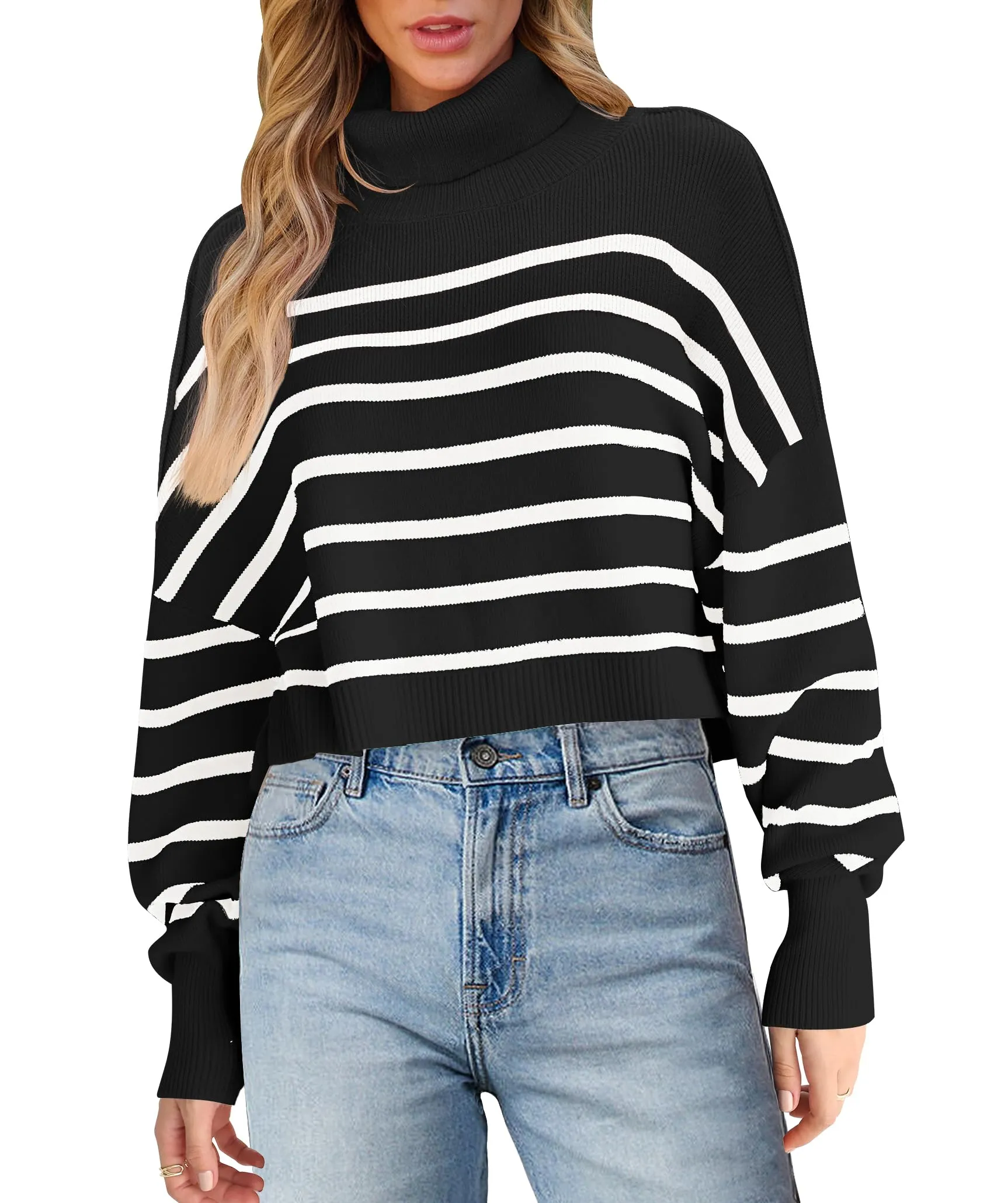 MEROKEETY Turtleneck Striped Oversized Ribbed Knit Cropped Sweater