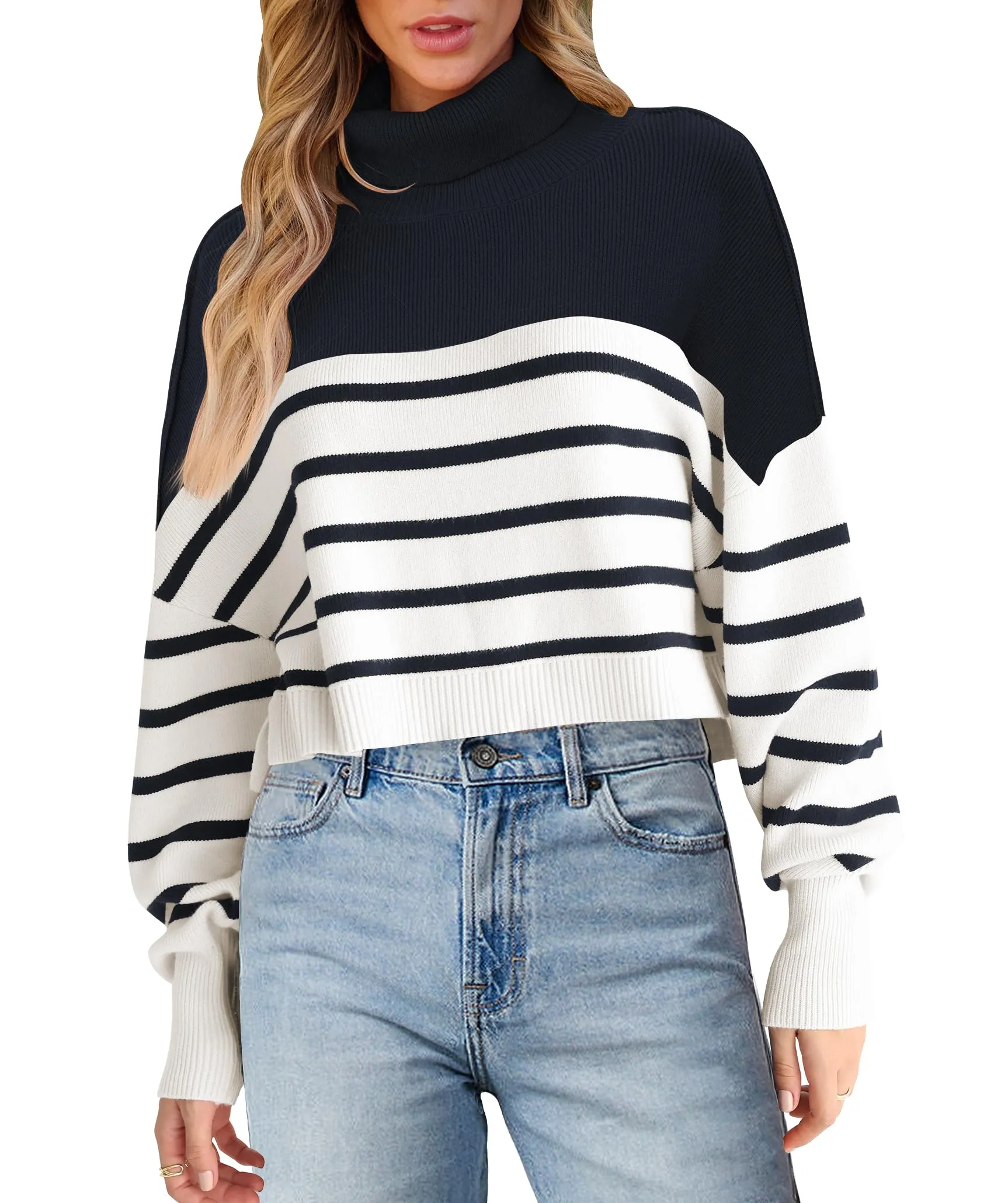 MEROKEETY Turtleneck Striped Oversized Ribbed Knit Cropped Sweater