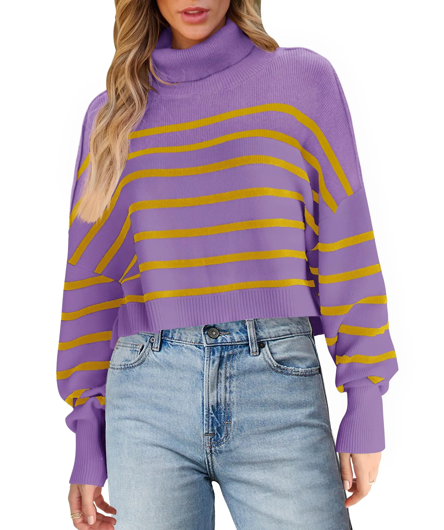 MEROKEETY Turtleneck Striped Oversized Ribbed Knit Cropped Sweater