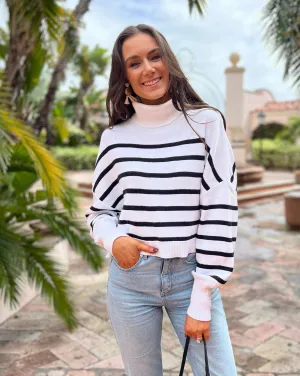MEROKEETY Turtleneck Striped Oversized Ribbed Knit Cropped Sweater