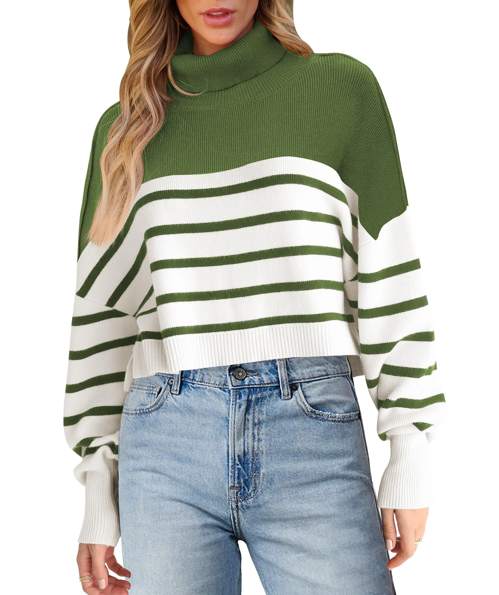 MEROKEETY Turtleneck Striped Oversized Ribbed Knit Cropped Sweater