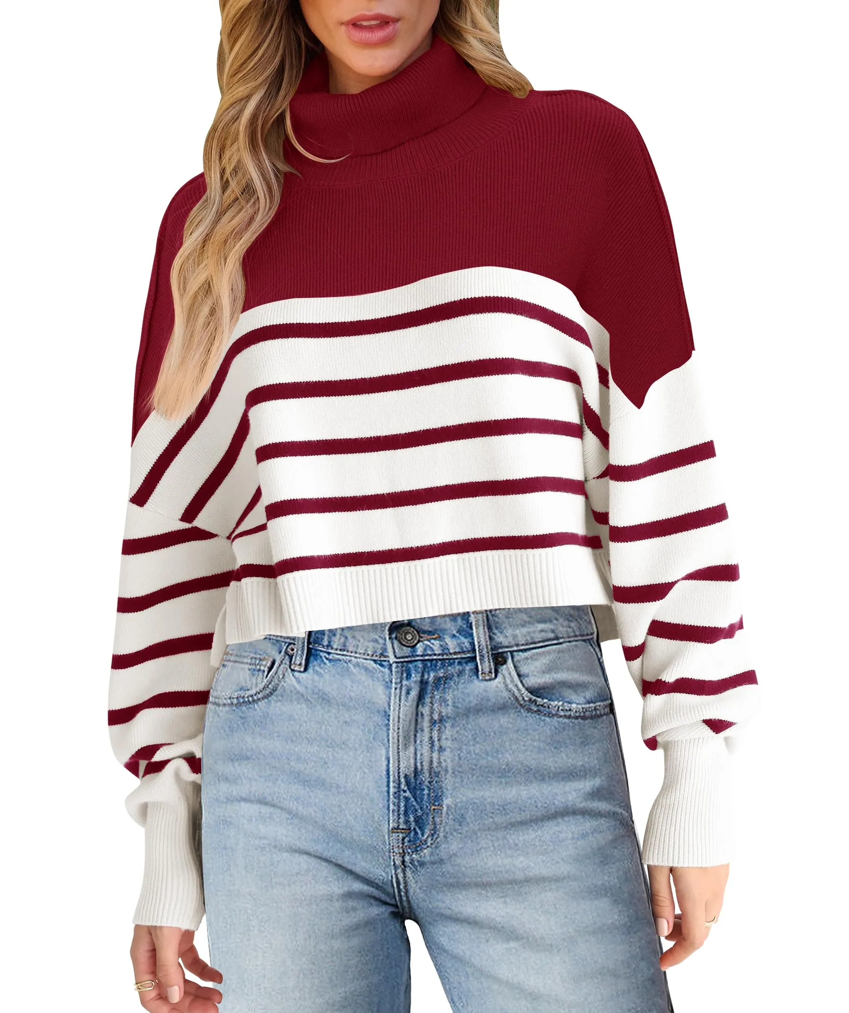 MEROKEETY Turtleneck Striped Oversized Ribbed Knit Cropped Sweater