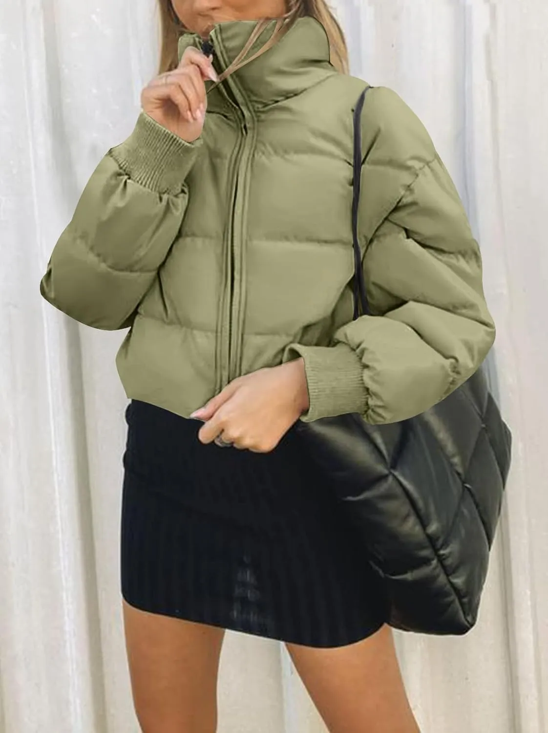 MEROKEETY Women's Winter Cropped Puffer Jacket Long Sleeve Oversized Stand Collar Zip-Up Short Coat