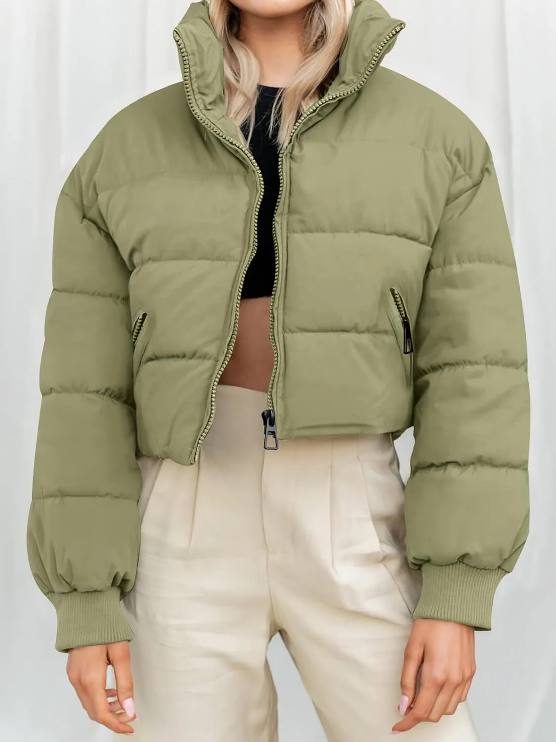 MEROKEETY Women's Winter Cropped Puffer Jacket Long Sleeve Oversized Stand Collar Zip-Up Short Coat