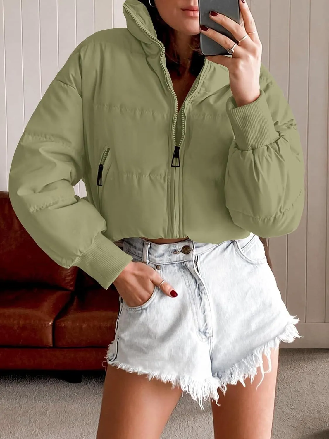 MEROKEETY Women's Winter Cropped Puffer Jacket Long Sleeve Oversized Stand Collar Zip-Up Short Coat