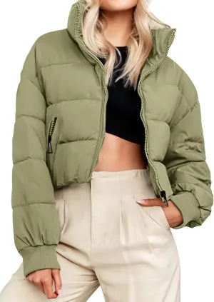 MEROKEETY Women's Winter Cropped Puffer Jacket Long Sleeve Oversized Stand Collar Zip-Up Short Coat