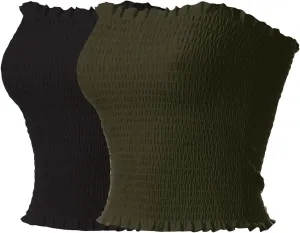 MixMatchy Women's Casual Basic Smocked Tube Tops Stretch Bustier Bandeau Crop Top 2 Pack
