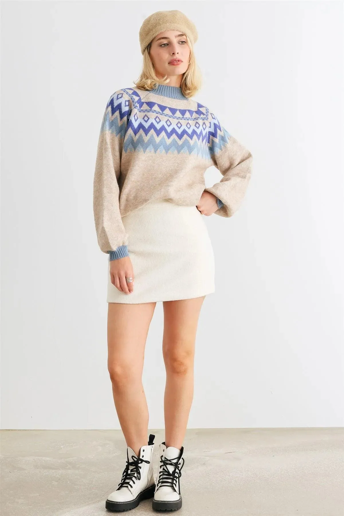 Oatmeal & Blue Tribal Knit Long Sleeve Sweater /2-1-1