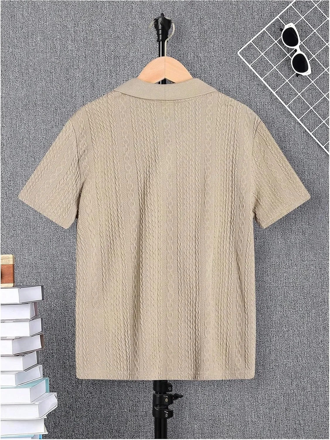 OYOANGLE Boy's Short Sleeve Collar Neck Cable Knitted Solid Plain Golf Uniform Shirt