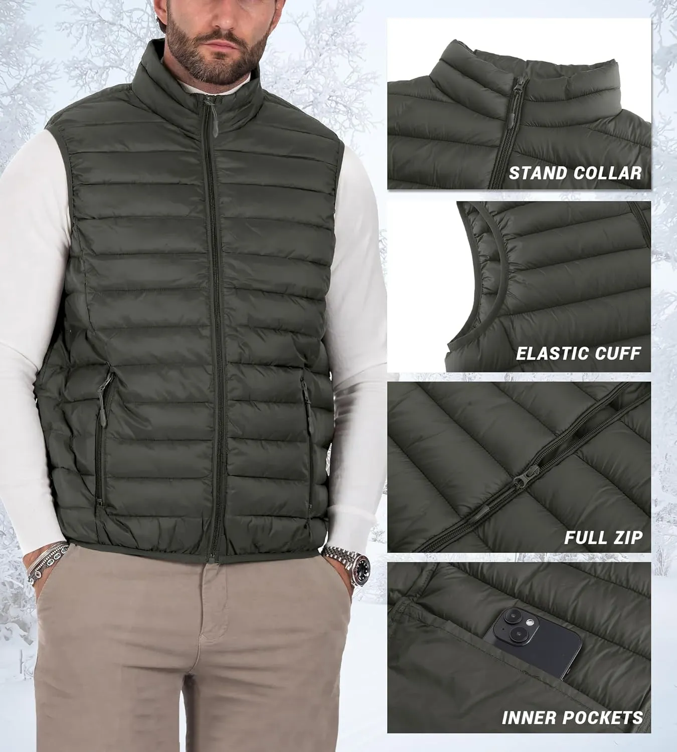 Polu Men's Puffer Vest Lightweight Sleeveless Jacket Full Zipper Outerwear Vest Outdoor Down Vest with Pockets