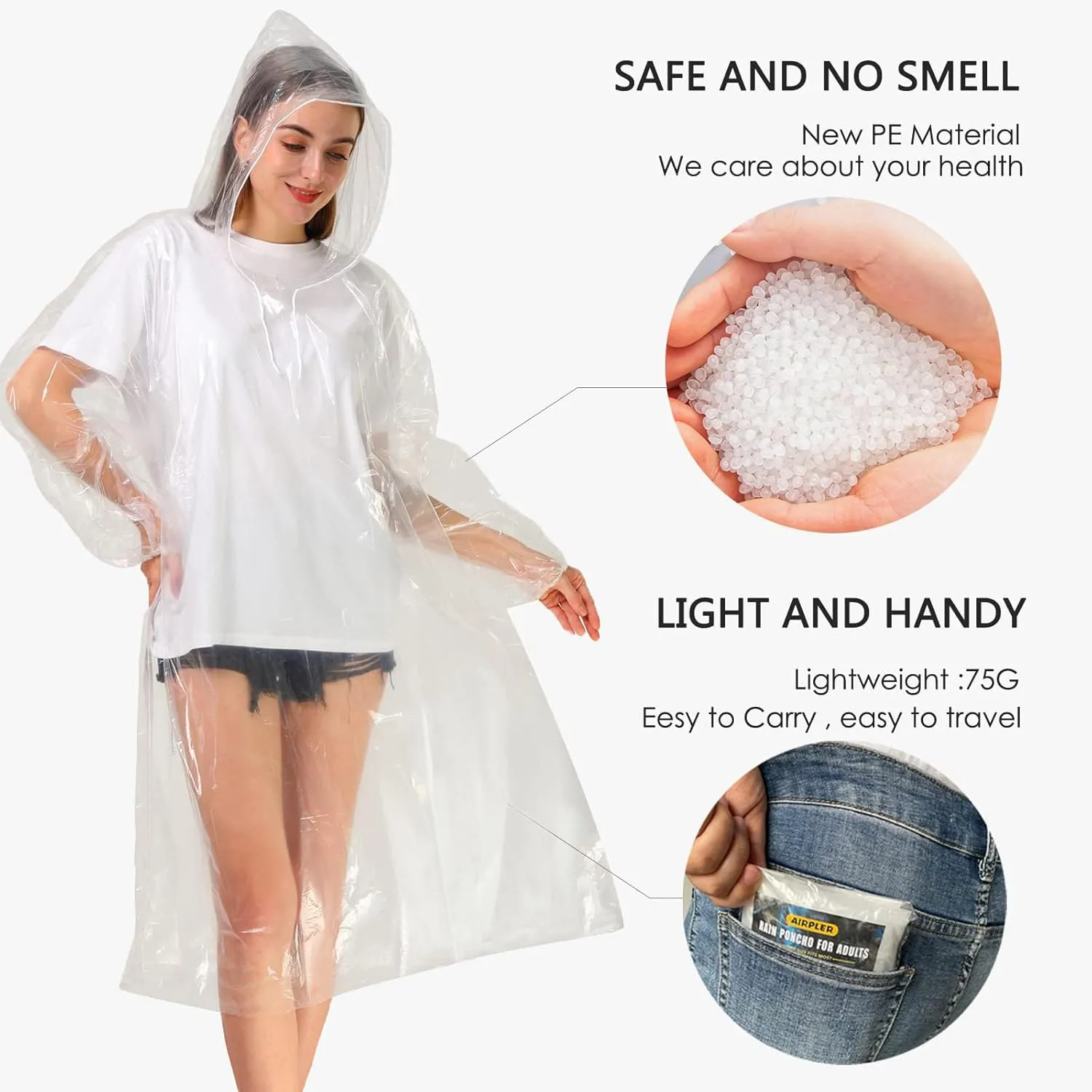 Rain Ponchos for Adults, Clear Family Pack - Disposable Rain Poncho for Women and Men with Drawstring Hood