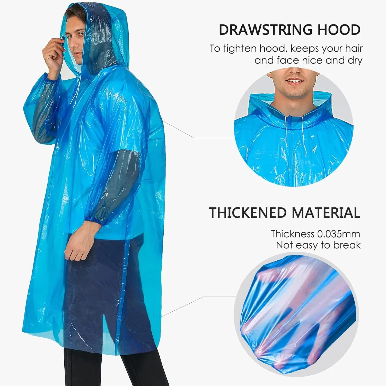 Rain Ponchos for Adults, Clear Family Pack - Disposable Rain Poncho for Women and Men with Drawstring Hood