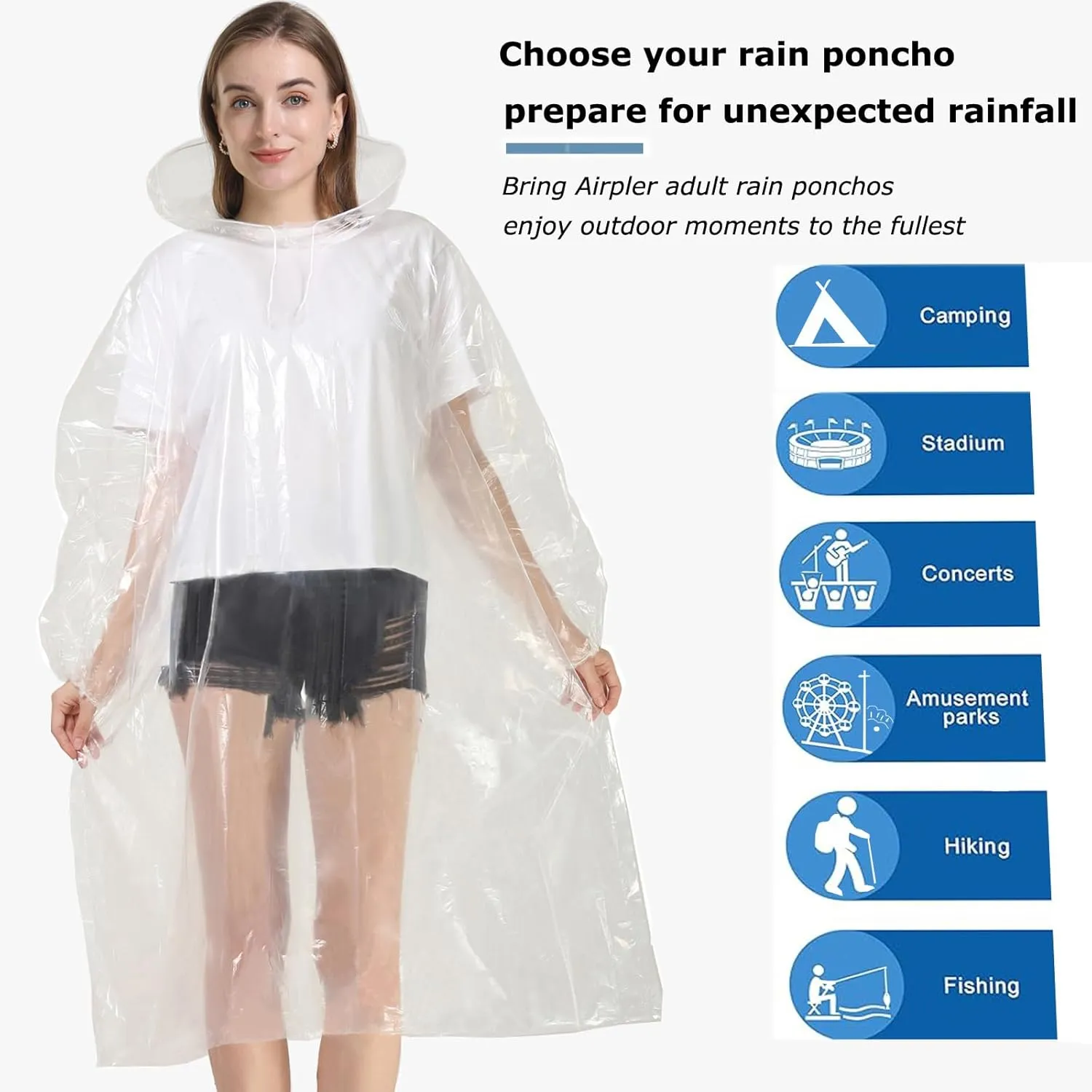 Rain Ponchos for Adults, Clear Family Pack - Disposable Rain Poncho for Women and Men with Drawstring Hood
