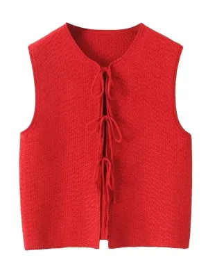 Red Sleeveless Knit Tie-Up Vest Perfect for Women