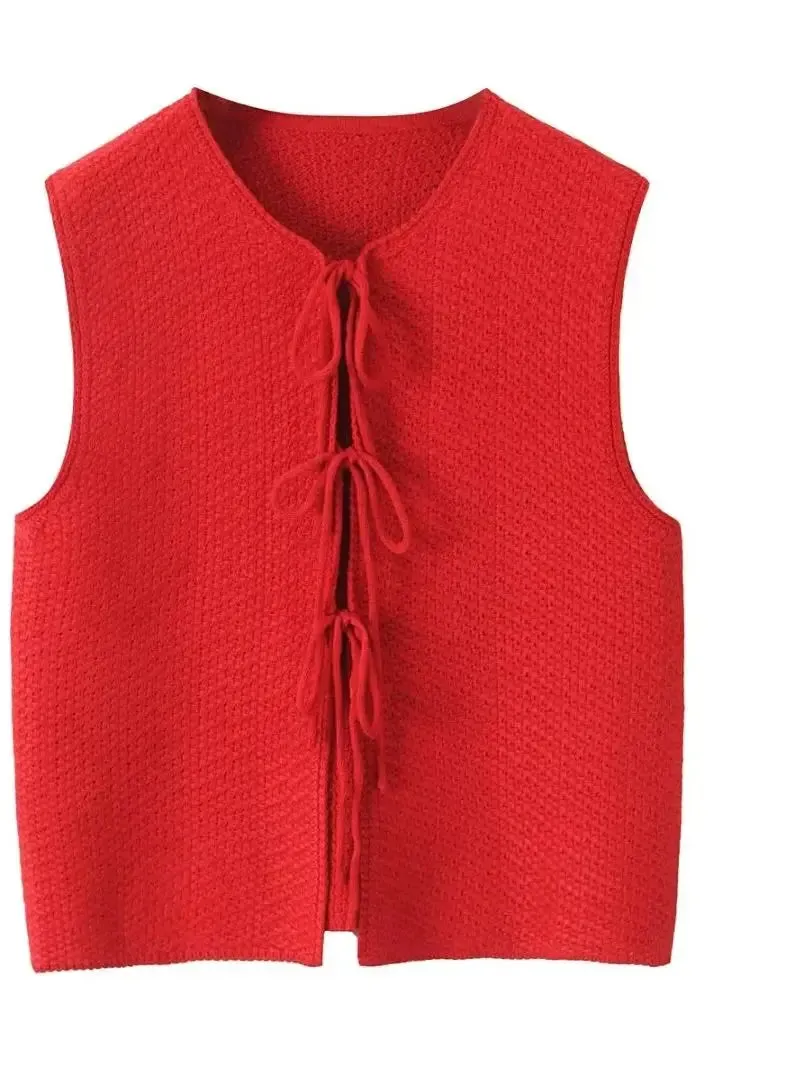 Red Sleeveless Knit Tie-Up Vest Perfect for Women