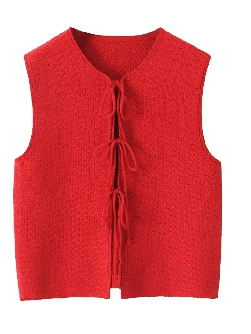 Red Sleeveless Knit Tie-Up Vest Perfect for Women