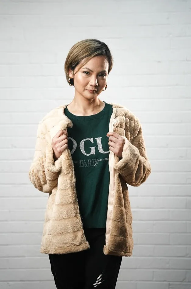 Ribbed faux fur collarless jacket | DONNA JACKET